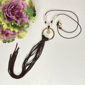 Victoria Lynn Long Brown Leather Tassel & Pearl Statement Necklace